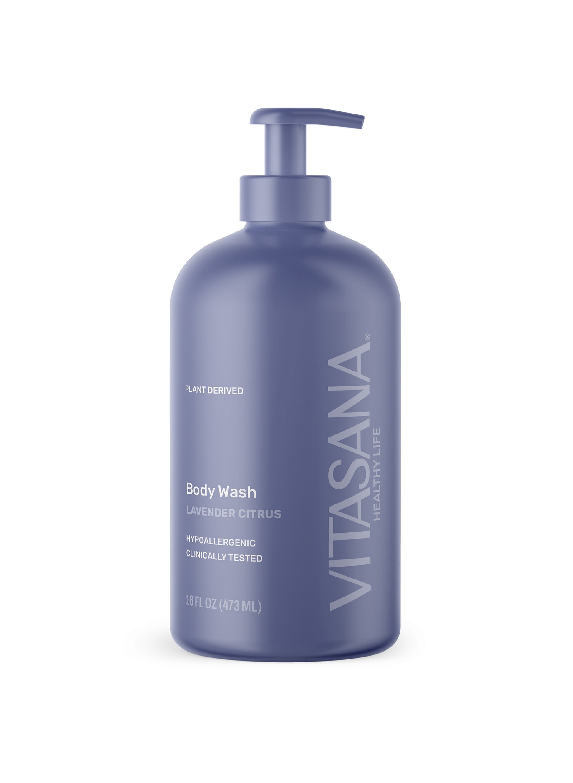 16 fl oz pump bottle of Vitasana Lavender Citrus Body Wash, on a white background.