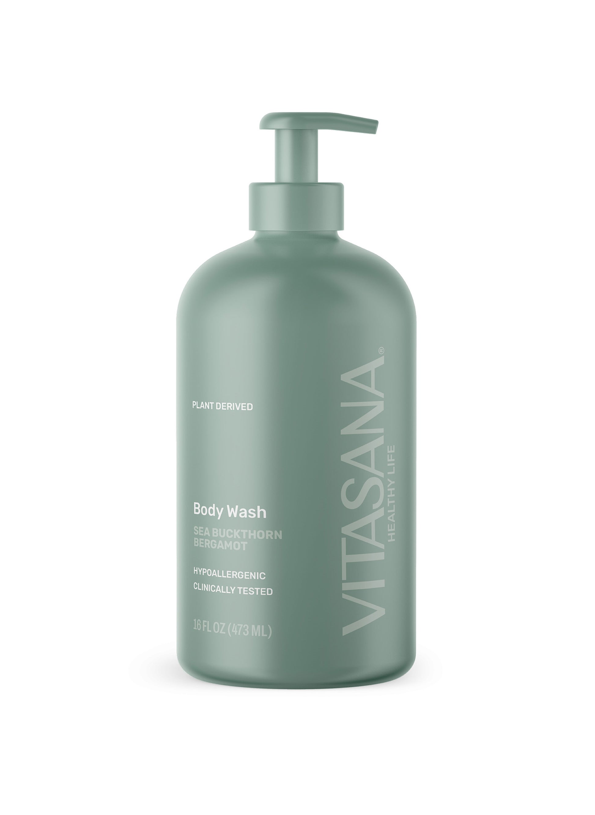 16 fl oz pump bottle of Vitasana Sea Buckthorn Bergamot Body Wash, on a white background.