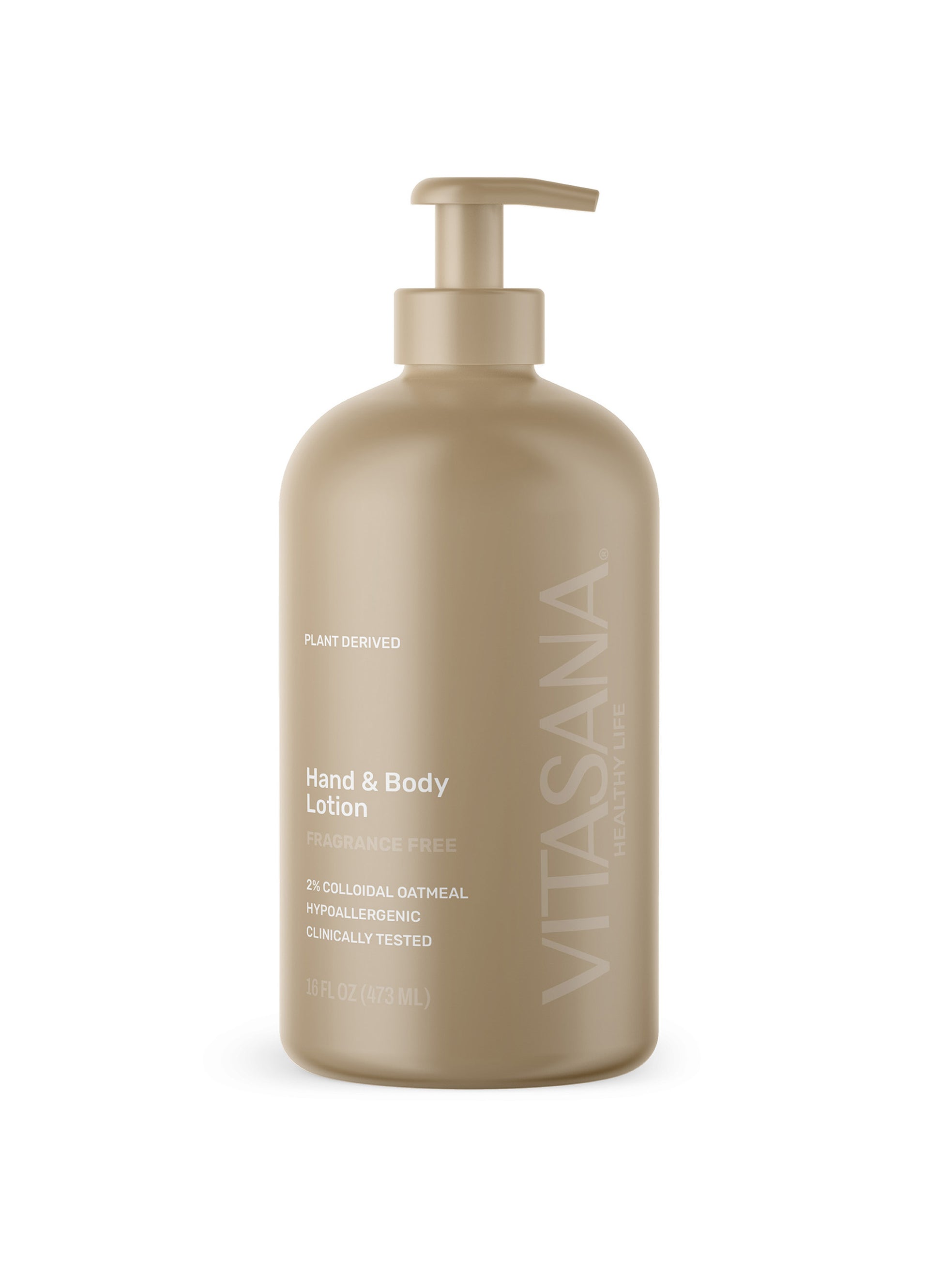 16 fl oz pump bottle of Vitasana Fragrance-Free Hand & Body Lotion, on a white background.