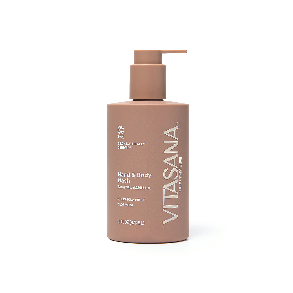 16 fl oz pump bottle of Vitasana Santal + Vanilla Body Wash, taupe bottle on a white background