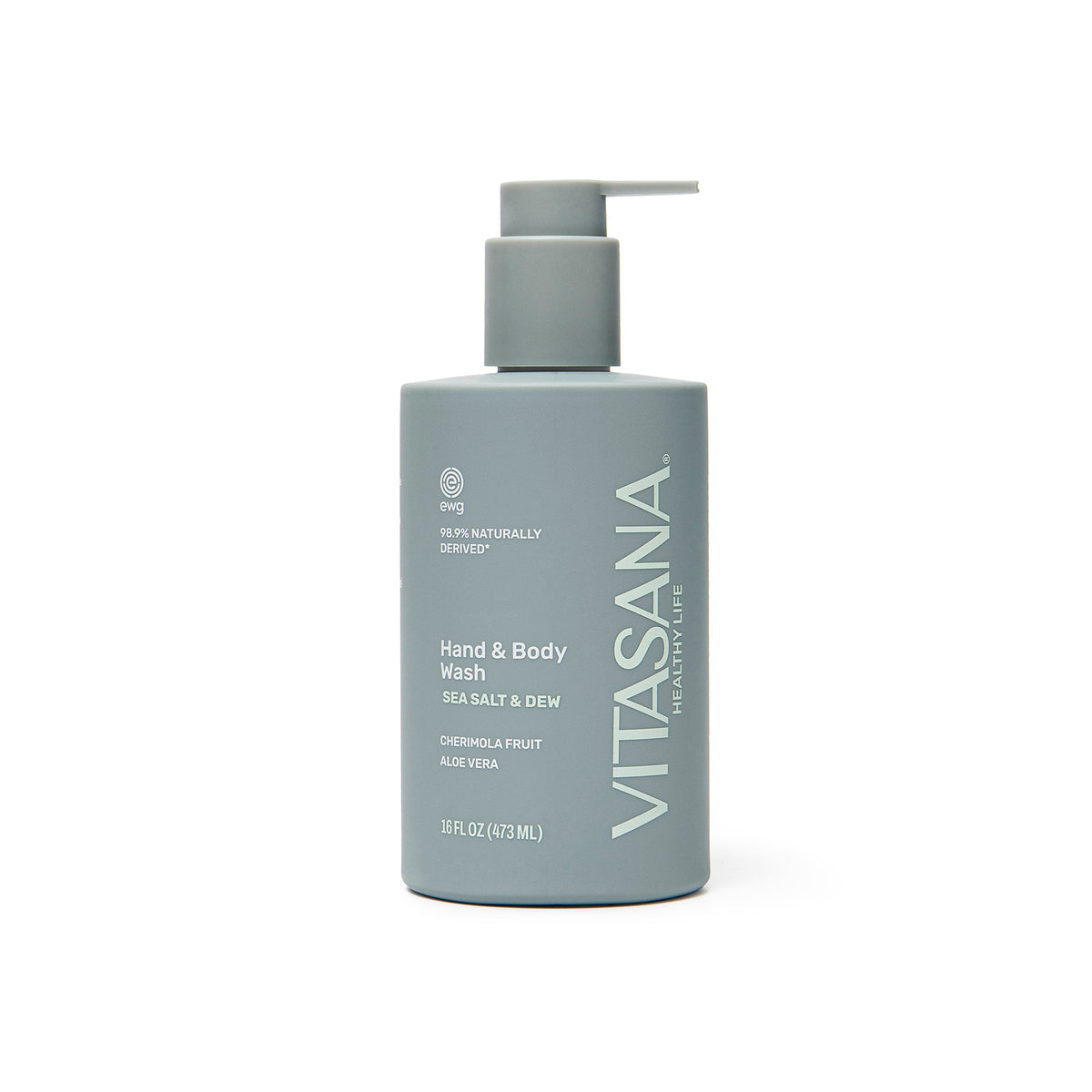 16 fl oz pump bottle of Vitasana Sea Salt + Dew Body Wash, blue-grey bottle on a white background