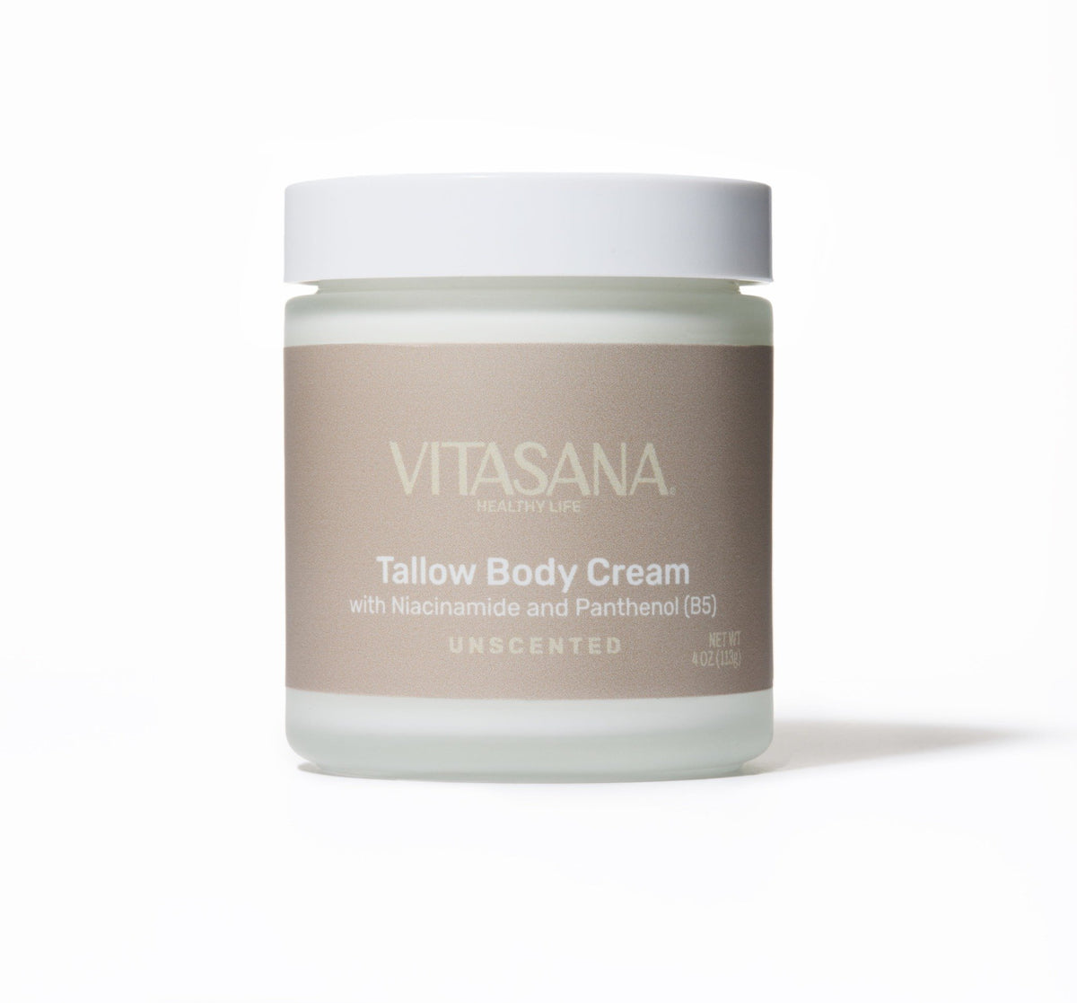 4 oz jar of Vitasana Unscented Tallow Body Cream with Niacinamide and Panthenol (B5), on a white background