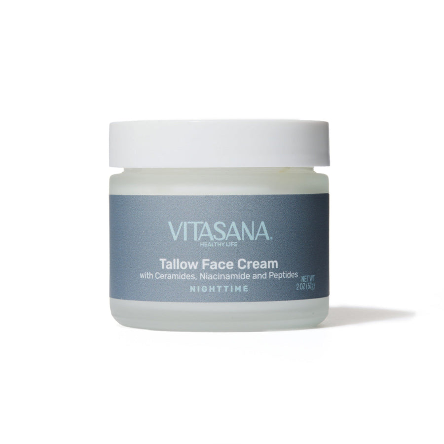 2 oz jar of Vitasana Tallow Face Cream with Ceramides, Niacinamide and Peptides, Nighttime, on a white background