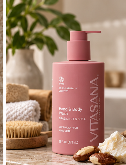 Vitasana Brazil Nut + Shea Body Wash bottle on a bathroom counter