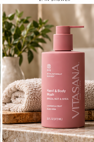 Vitasana Brazil Nut + Shea Body Wash styled in a lifestyle bathroom setting