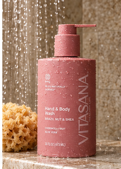 Vitasana Brazil Nut + Shea Body Wash bottle in the shower