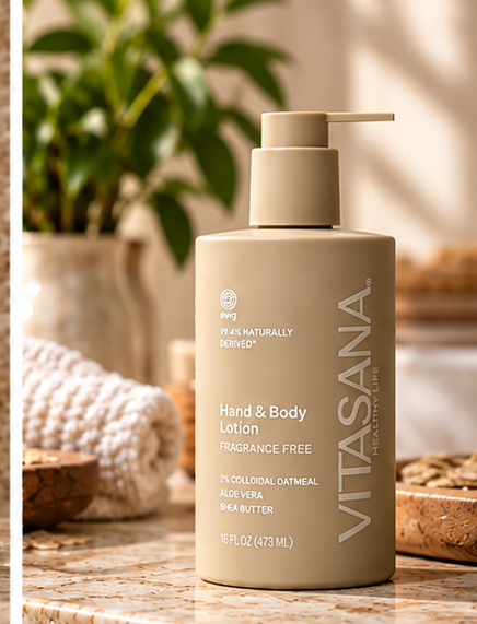 Vitasana 2% Colloidal Oatmeal Body Lotion bottle on a bathroom counter