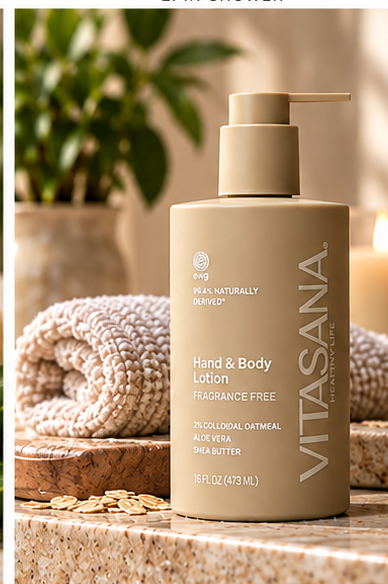 Vitasana 2% Colloidal Oatmeal Body Lotion styled in a lifestyle setting