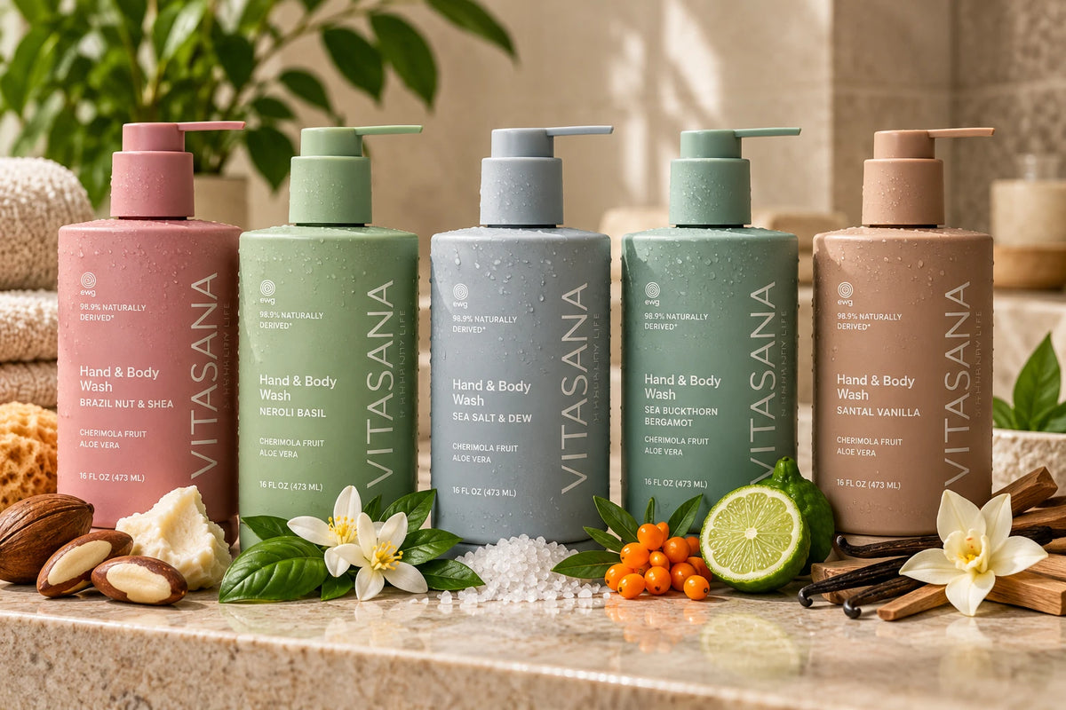 The Vitasana Body Wash collection, five fragrance bottles styled together