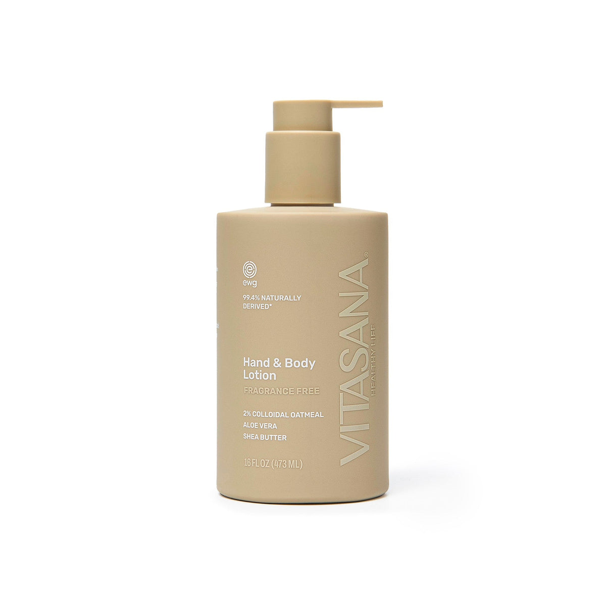 16 fl oz pump bottle of Vitasana Fragrance-Free Hand & Body Lotion, current bottle design, on a white background