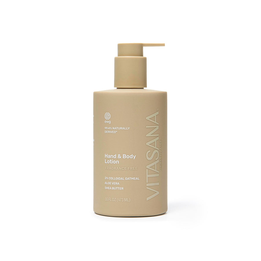 16 fl oz pump bottle of Vitasana Fragrance-Free Hand & Body Lotion, current bottle design, on a white background
