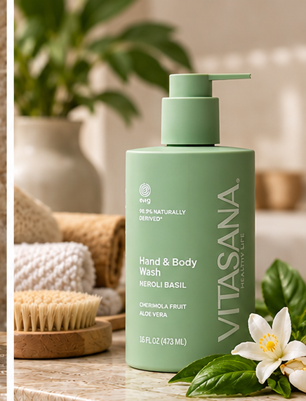 Vitasana Neroli + Basil Body Wash bottle on a bathroom counter