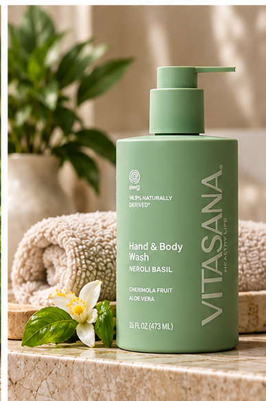 Vitasana Neroli + Basil Body Wash styled in a lifestyle bathroom setting