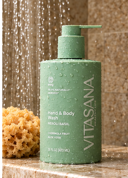 Vitasana Neroli + Basil Body Wash bottle in the shower