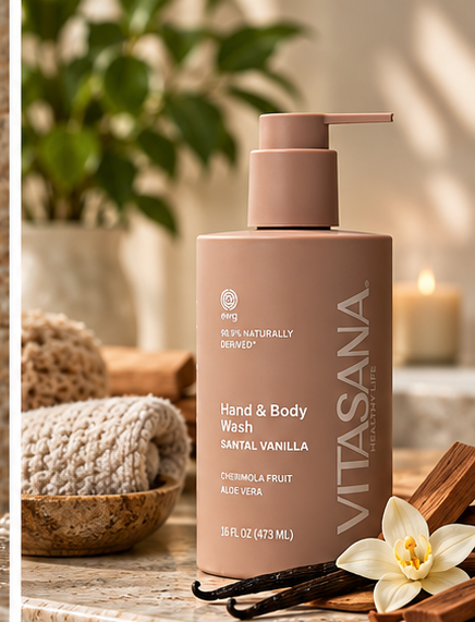 Vitasana Santal + Vanilla Body Wash bottle on a bathroom counter