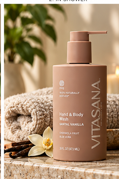 Vitasana Santal + Vanilla Body Wash styled in a lifestyle bathroom setting