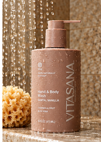 Vitasana Santal + Vanilla Body Wash bottle in the shower