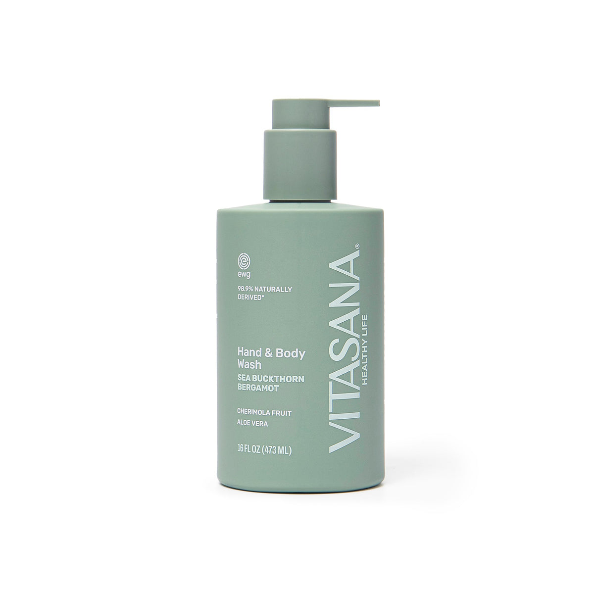 16 fl oz pump bottle of Vitasana Sea Buckthorn Bergamot Body Wash, current bottle design, on a white background
