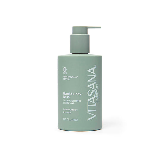 16 fl oz pump bottle of Vitasana Sea Buckthorn Bergamot Body Wash, current bottle design, on a white background