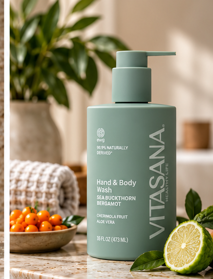 Vitasana Sea Buckthorn + Bergamot Body Wash bottle on a bathroom counter