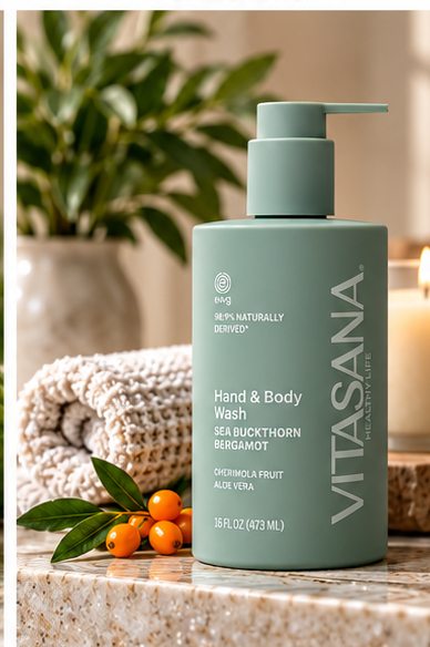 Vitasana Sea Buckthorn + Bergamot Body Wash styled in a lifestyle bathroom setting