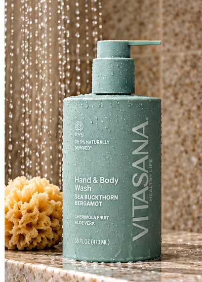 Vitasana Sea Buckthorn + Bergamot Body Wash bottle in the shower