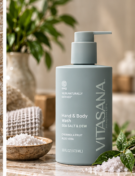 Vitasana Sea Salt + Dew Body Wash bottle on a bathroom counter