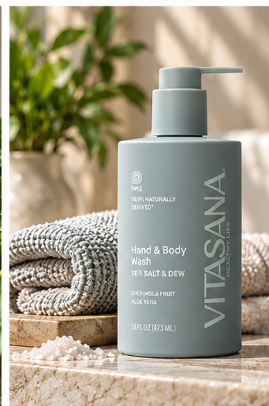 Vitasana Sea Salt + Dew Body Wash styled in a lifestyle bathroom setting