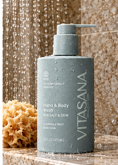 Vitasana Sea Salt + Dew Body Wash bottle in the shower