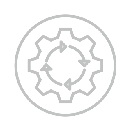 Icon: a gray circle outline containing the gray outline of a gear, and several clockwise arrows forming a circle within the gear.